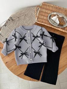 SHEIN LMoss Kids LMoss Baby Girl Baby Girl Cute Pink Bowknot Knitted Cardigan With Elastic Waist Black Pants Sweater Set, Autumn/Winter - Light Grey - View 4