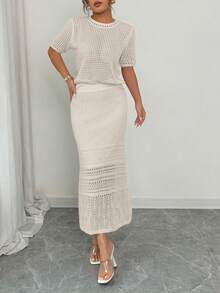 Elenzga 2025新款法式白色镂空短袖上衣+半裙两件套，春季 - 米色 - 查看 5