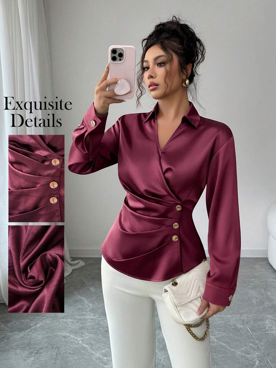 Elenzga Blusa elegante de mujer con cuello en V, cintura fruncida y manga larga, color borgoña, tela brillante, para Navidad