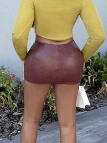 Alexandranx Váy mini da cạp thấp họa tiết đinh tán Y2K - màu nâu - Xem 2