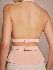 L'Amorae 女士双蝴蝶结后背露背上衣，淡粉色，春夏办公室休闲装 - 粉色 - 查看 7