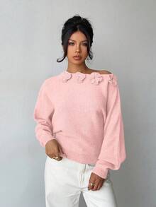 Elenzga Áo len chui đầu bất đối xứng thiết kế hoa đính đá thanh lịch dành cho nữ - Hồng - Xem 3