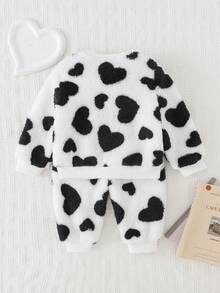 Cozy Pixies 女婴心形图案羊毛家居服上衣和裤子套装，秋冬 - 黑色 - 查看 2