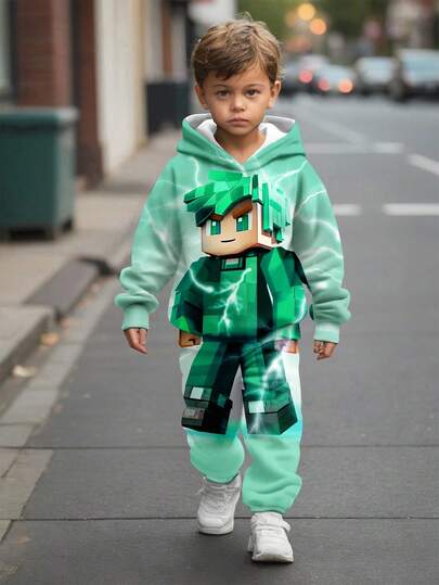 MC, Street Style, Lightning, Blue Gradient, Kids' Choice Collection, Everyday Basic, Happy Kids, Pastel Colors For Kids, Bikercore, Family Trip, Happy Days, I Love Mommy, I Love Daddy, Lovely Home, Cool Kids, Tween Boy Casual Minimalist Long Sleeve Hoodie Sweatshirt Set, Comfortable For Autumn/Winter