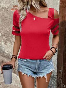 Camiseta casual de mujer para vacaciones con cuello asimétrico, manga corta y panel de malla - Rojo - Ver 4