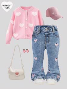 SHEIN Quần ống loe ôm sát bằng vải denim xanh dương, thêu hình trái tim màu hồng cho bé gái, thích hợp cho mùa thu, mùa đông, phong cách thường ngày và thời trang cho kỳ nghỉ, kiểu dáng thập niên 2000, quần jean denim Halloween, Giáng sinh, quần ống loe denim cho bé. - Rửa nhẹ - Xem 1