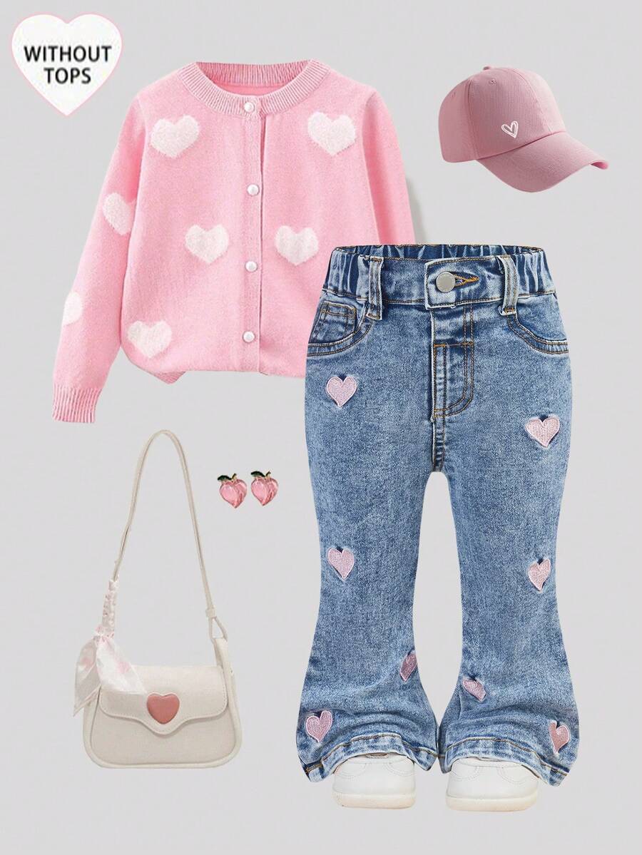 SHEIN Quần ống loe ôm sát bằng vải denim xanh dương, thêu hình trái tim màu hồng cho bé gái, thích hợp cho mùa thu, mùa đông, phong cách thường ngày và thời trang cho kỳ nghỉ, kiểu dáng thập niên 2000, quần jean denim Halloween, Giáng sinh, quần ống loe denim cho bé. - Rửa nhẹ - Xem 1