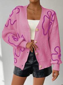 Chiquease Áo khoác cardigan dệt kim dài tay hở vai họa tiết hoa dành cho nữ, mùa thu/đông - Hồng - Xem 5