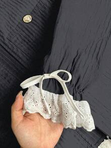 Franclia 复古蕾丝刺绣蝴蝶结拼布圆领休闲夹克，适合秋冬 - 黑色 - 查看 7