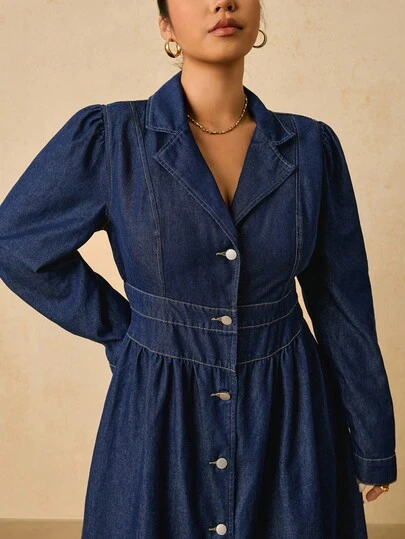 SHEIN Tall CURVE Plus Size Fall Autumn Winter Halloween Christmas New Year Thanksgiving Commuting Vacation Party Wedding Elegant Business Casual Woman Country Vintage Modest Old Money Work Clothes Teacher Outfits For Women Church Outfits Women Women's Notched Collar Drop Shoulder Long Sleeve Front Button Casual Denim Dress Women Elegant Dress With Puffed Sleeves And Full Button Closure Flattering A-Line Silhouette