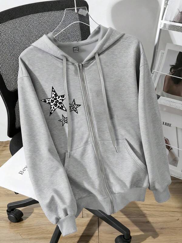 Attitoon Casual Vintage Style Floral & Leopard Print Star Pattern Loose Fit Hooded Long Sleeve Sweatshirt Sweatshirt For Women, Suitable For Fall/Winter