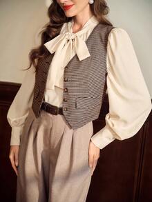 Vintamour Eleganckie damskie kamizelki w kratkę w serek, bez rękawów, brązowe, jesienne ubrania damskie, biznesowe, codzienne, damskie, na bal absolwentów, zimowe, biurowe, damskie, jesienne stroje damskie, bluzki jesienne, zimowe stroje damskie, zimowe ubrania damskie, jesienne ubrania, jesienne bluzki damskie, Cottage Core, urodzinowe stroje damskie, kamizelka, top, świąteczna koszula, świąteczne ubrania, ubrania do pracy, stare pieniądze - Kolor khaki - Zobacz 5