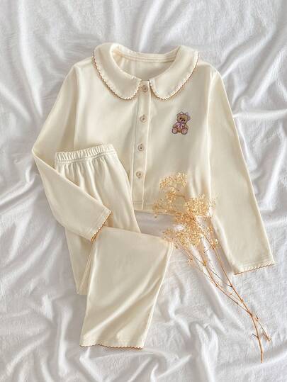 SHEIN 女童小熊刺绣前开衫长袖衬衫和裤子休闲睡衣套装