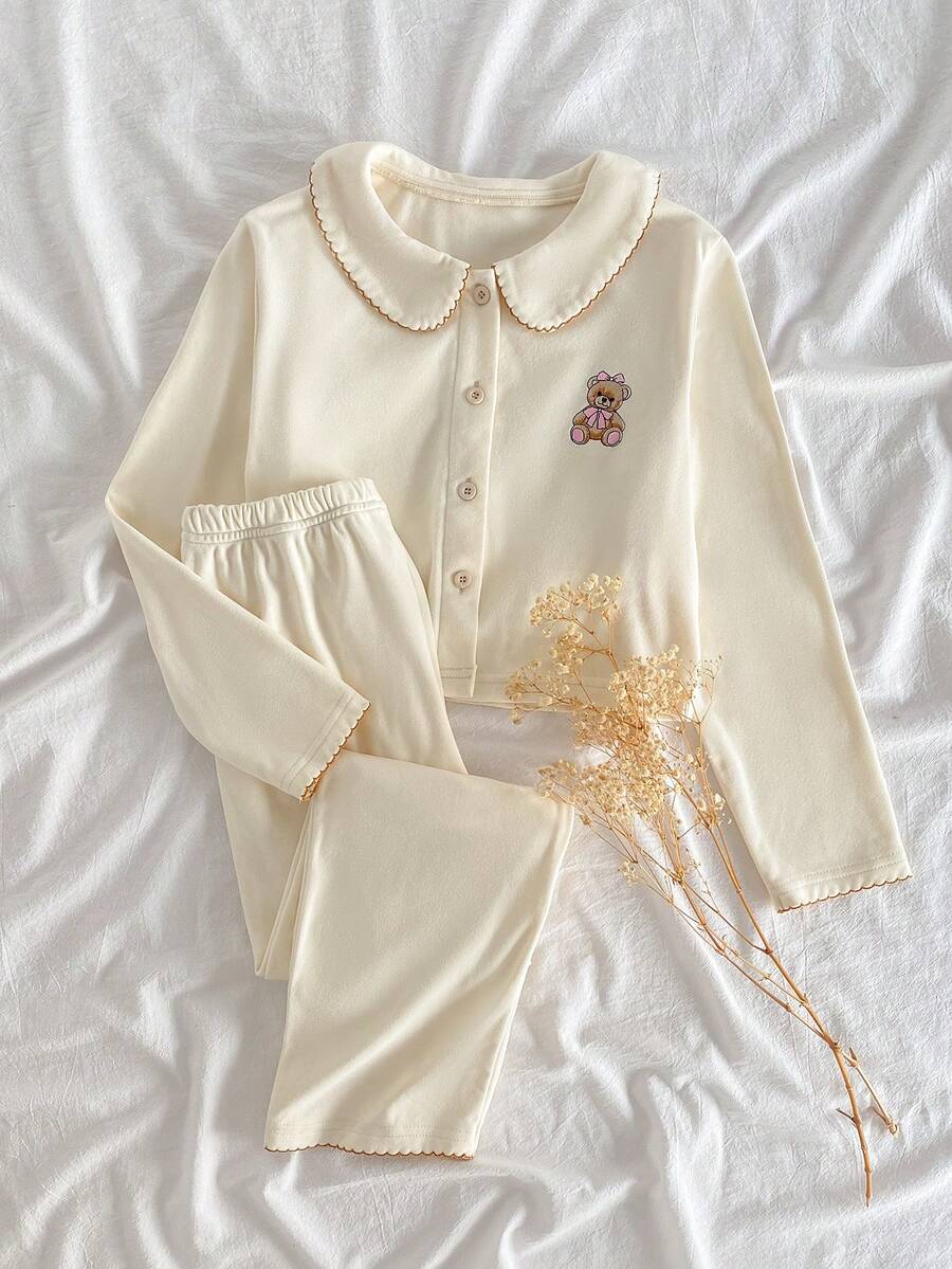 SHEIN 女童小熊刺绣前开衫长袖衬衫和裤子休闲睡衣套装 - 米色 - 查看 1