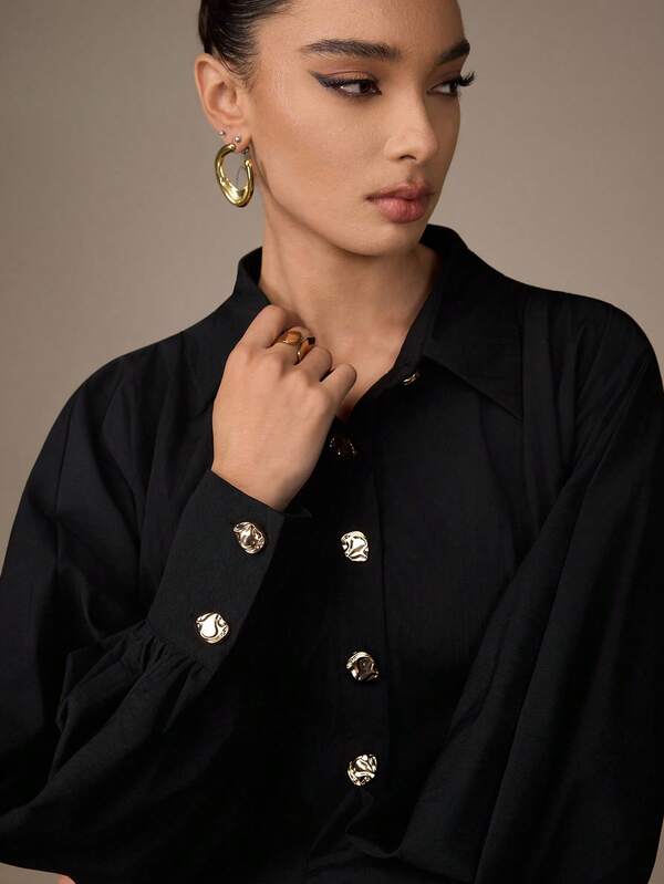 NOVVYNE Damen Einfarbiges Langarm Metall Einreihiges Elegantes Modisches Hemd