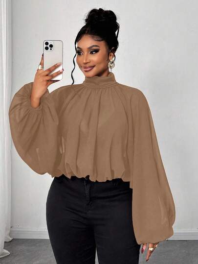 Maweii 秋季大码优雅纯色褶皱灯笼袖衬衫