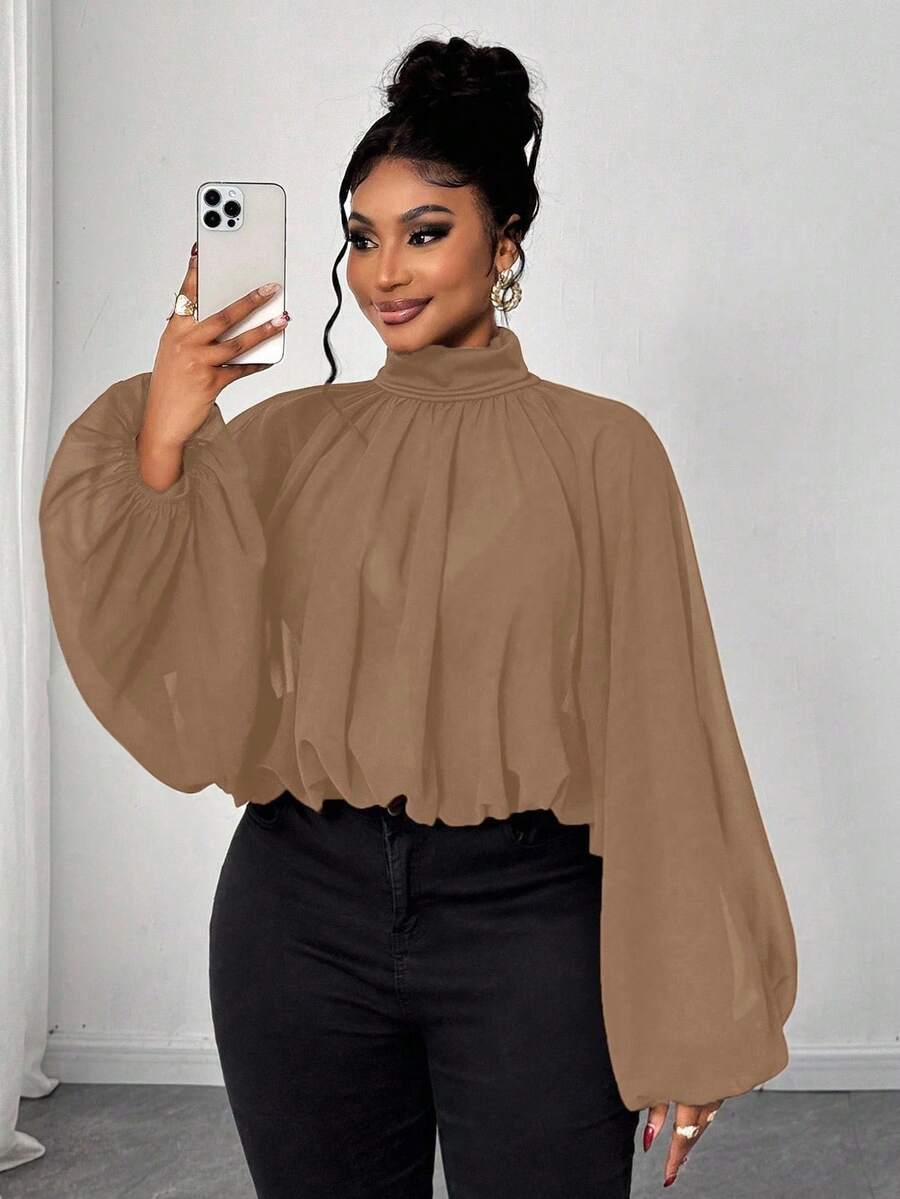 Maweii Plus Size Elegant Solid Color Pleated Lantern Sleeve Blouse, Autumn - Khaki - View 1