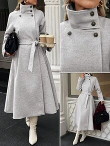 Xyvia 秋冬女装休闲高领纽扣腰带中长款毛呢大衣，老钱风女装/女士办公装/外出装，女士秋装 - 淺灰色 - 查看 1