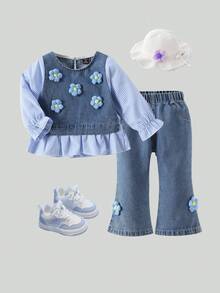 SHEIN Baby Girl Outdoor Rustic Denim Patchwork 2 Pieces Set, Sweet Denim T-Shirt, Spring/Autumn - Blue - View 9