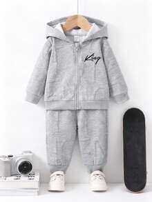 2 件套幼儿男婴字母刺绣纹理针织连帽夹克，带拉链，松紧腰直筒裤，儿童服装，婴儿服装，春/秋/冬，6 个月-3 岁 - 灰色 - 查看 2