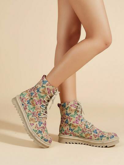 Botas de mujer con estampado colorido, lona, punta redonda, con cordones, suela gruesa, estilo casual para senderismo y viajes de primavera/verano