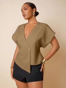 Hauture Elegant Sexy Office Commute Versatile Plus Size Women Top - Khaki - View 4