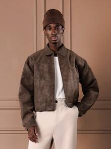 SUMWON Cropped Harrington Suede Jacket With Zip Closure And Ribbed Collar For Casual Autumn Winter Outerwear