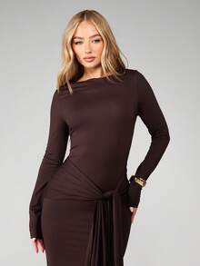 MISSGUIDED Long Sleeve Tie Waist Bodycon Maxi Dress For Fall Winter Casual Evening Wear - Coffee Brown - View 3