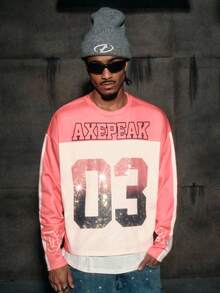 AXEPEAK Letter Print Color Block Rhinestone Decor Round Neck Long Sleeve T-Shirt - Pink - View 3