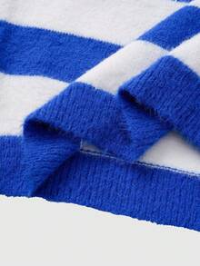 ROMWE MEN Men's Preppy Embroidered Graphic Striped Long Sleeve Sweater, Winter - Blue - View 12