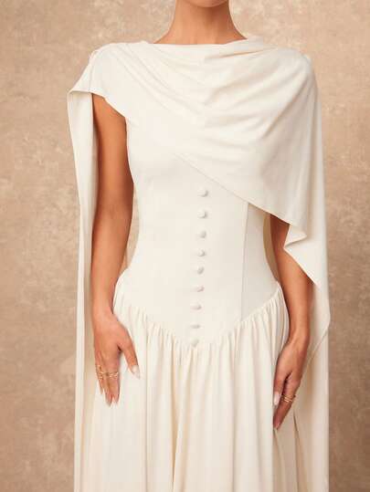 Lumalex 女式超长连衣裙，披肩领，收腰，褶饰，喇叭裙