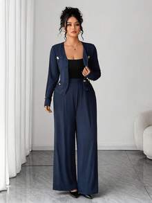 SHEIN Elenzya 加大码针织修身常规纹理 V 领长袖上衣和裤子优雅 2 件套 - 霧霾藍 - 查看 7