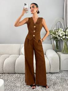SHEIN Clasi 2 pezzi/set Completo elegante da donna in velluto a coste con top a scollo a V e pantaloni, adatto per l'ufficio, colore marrone. Set da 2 pezzi con tuta senza maniche in velluto a coste, tuta invernale da donna - Castano - Visualizzare 6