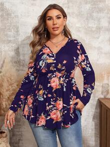 EMERY ROSE Camiseta casual de manga larga con cuello en V y estampado floral para mujer de talla grande, para otoño