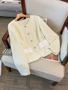 GlowEve CURVE Plus Size Elegant Solid Color Floral Embroidered Round Neck Loose Fit Button-Up Long Sleeve Jacket, Autumn/Winter - Apricot - View 8