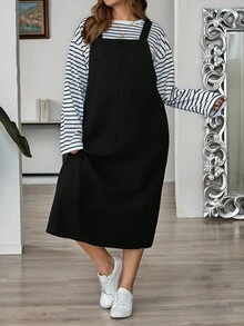 SHEIN CURVE+ Plus Size Solid Color Women Sleeveless Loose Casual Versatile Denim Dress,Christmas,Halloween,Stylish Commuter,Casual For Autumn/Winter,Casual Minimalist Basic , Suitable For Autumn/Winter , Suitable For Vacation, Party, Date, Gathering,Casual Versatile Suitable For Christmas, Halloween, Back To School, Vacation, Office Wear