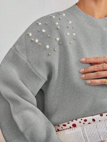 SHEIN Cottnline Women's Beaded Stand Collar Drop Shoulder Sweater Set - Light Grey - View 3