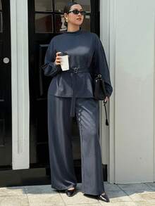 Dazy Plus 两件套休闲条纹翻领上衣配腰带和宽松直筒裤，大码女式春秋季家居服套装 - 藏蓝色 - 查看 3