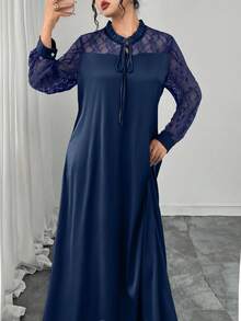 Al Najma 女士优雅V领长袖撞色蕾丝喇叭连衣裙，春夏款 - 藏蓝色 - 查看 6