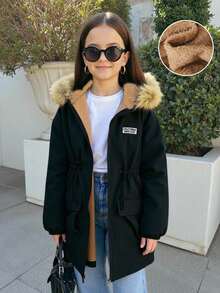 Tween 女童休闲街头装保暖保暖内衬收腰宽松中长连帽夹克外套 - 黑色 - 查看 7