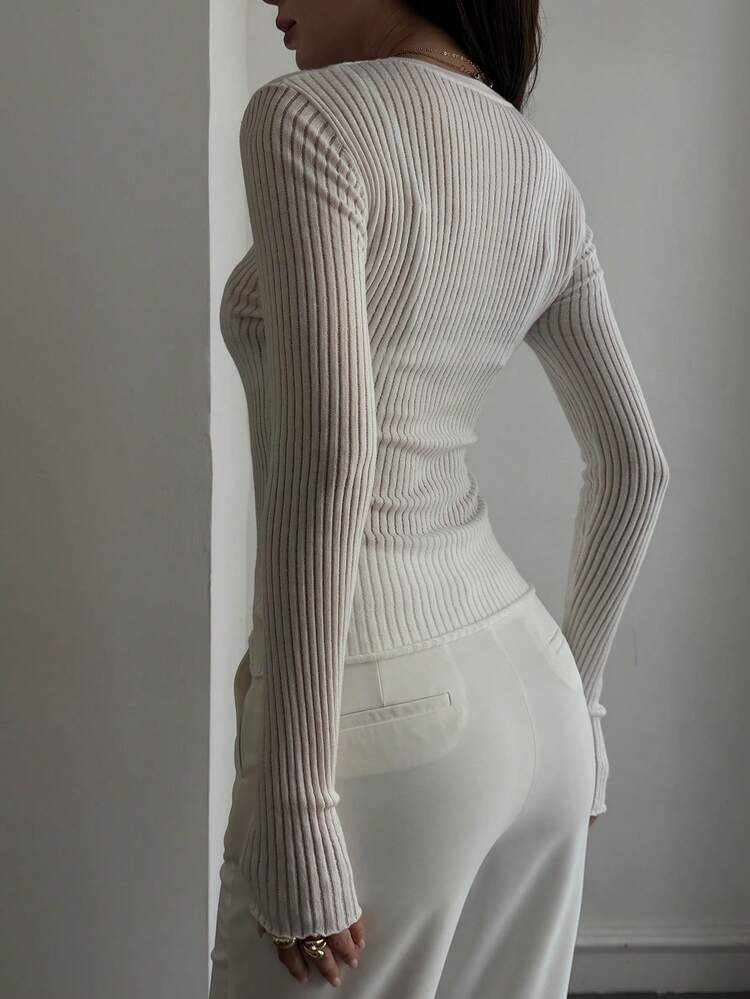 Women's Solid Color Round Neck Long Sleeve Hollow Out Fitted Sweater, Autumn
