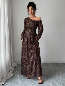 Rafferiza Women's Elegant Leopard Print Brown Checkered Mesh Asymmetrical Shoulder Long Dress,Autumn Date Wedding Guest Homecoming Party Ruched A-Line Gown - Coffee - View 4