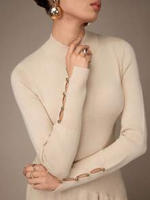 Modelyn Vestido de suéter de punto con cuello alto y plisado para mujer - Albaricoque - Ver 5