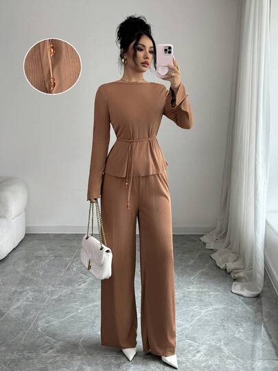 Elenzga Conjunto de 2 piezas de top de manga larga y pantalones para uso diario, elegante y casual