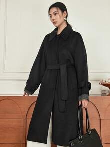 Dazy-Less 女士优雅时尚厚款长款羊毛混纺大衣，商务休闲，秋冬