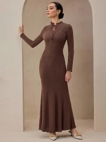 Graceveil Coffee Color Fluffy Knit High Stretch Party & Casual Long Dress For Women, Autumn/Winter - Coffee - View 4