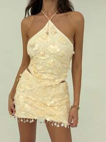 Aloruh Women's Low Waist Fitted Sequin Christmas & Halloween Party Mini Skirt, Autumn/Winter - Apricot - View 5