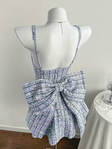 Comfortcana Women's Fall/Winter Sequin Patchwork Bowknot Decor Camisole Mini Dress Glowmode Rave Tweed Dress Concert, Elegant Dresses For Party - Blue - View 4