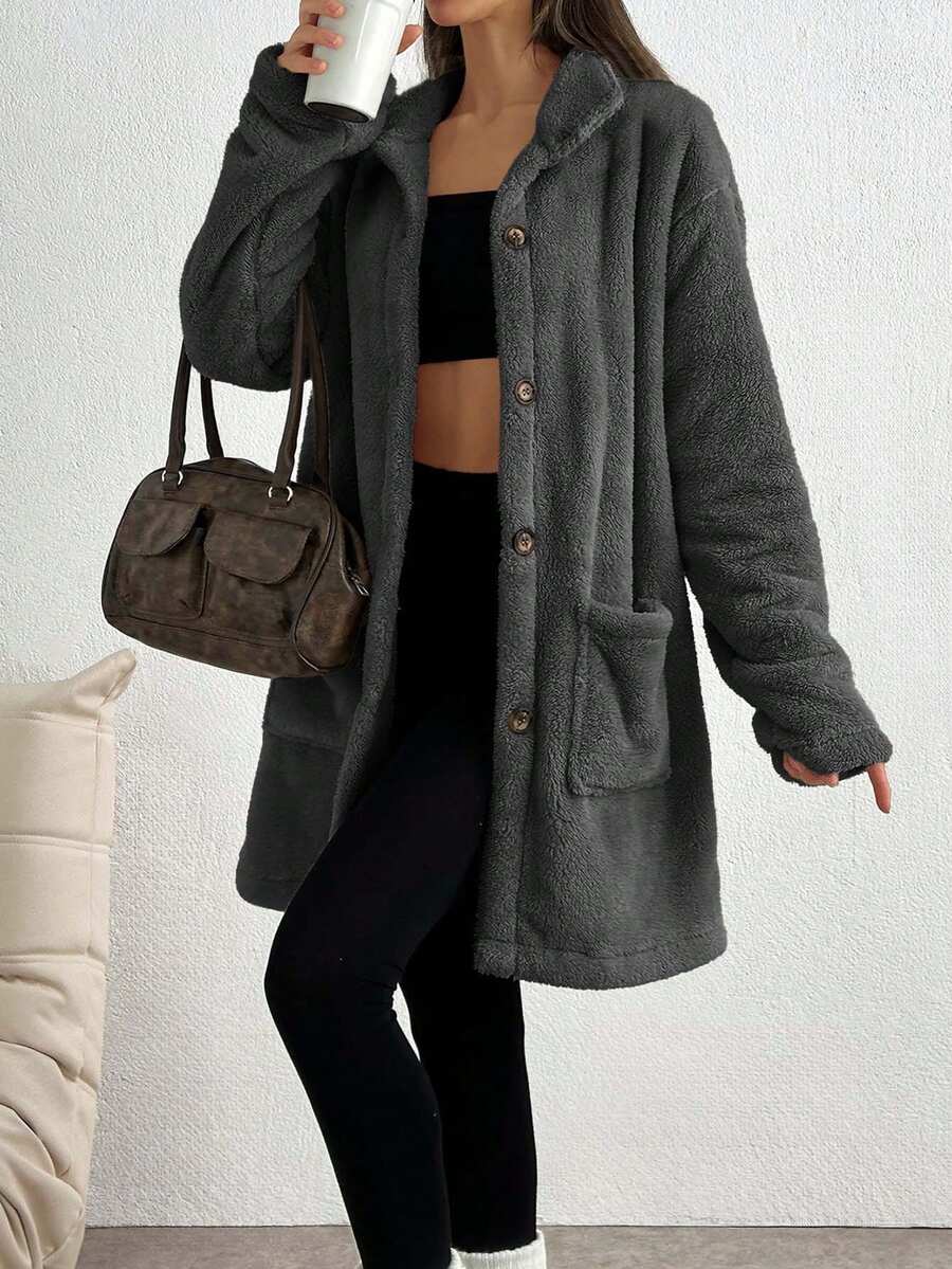 SHEIN Tall Front Pocket And Button Detailed Hooded Very Cozy And Soft Faux Fur Women Coat - Dark Grey - View 1