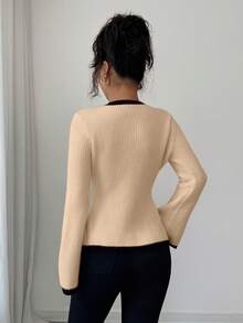 Elenzga Women's Elegant Round Neck Front Button Design Contrast Color Sweater - Khaki - View 2